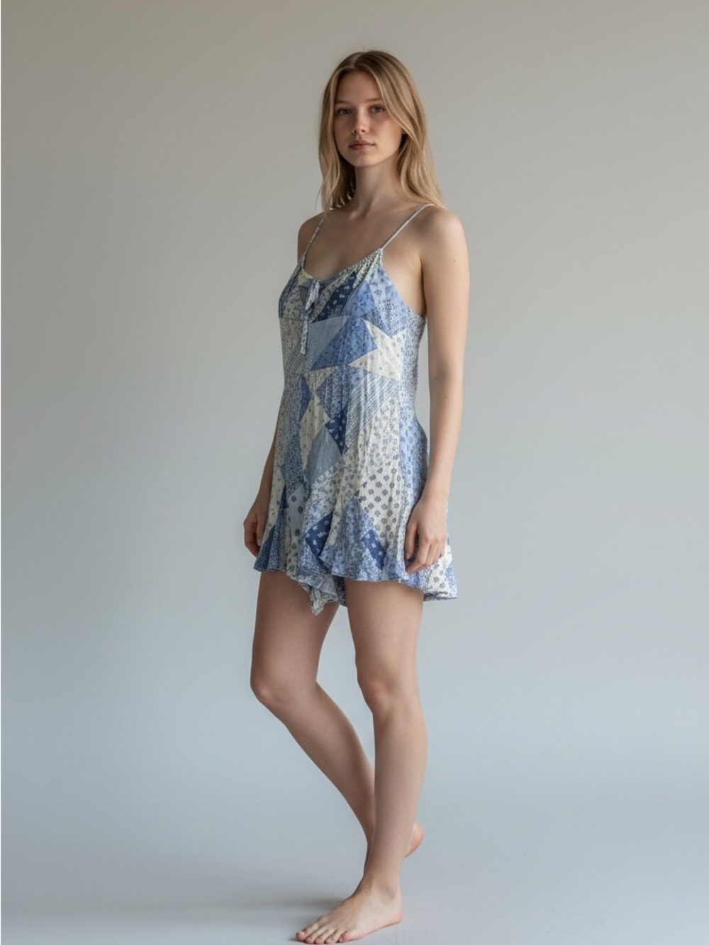 Patchwork Blue Spaghetti-Strap Romper